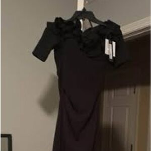 XScape black long formal dress ruffled neckline short sleeves